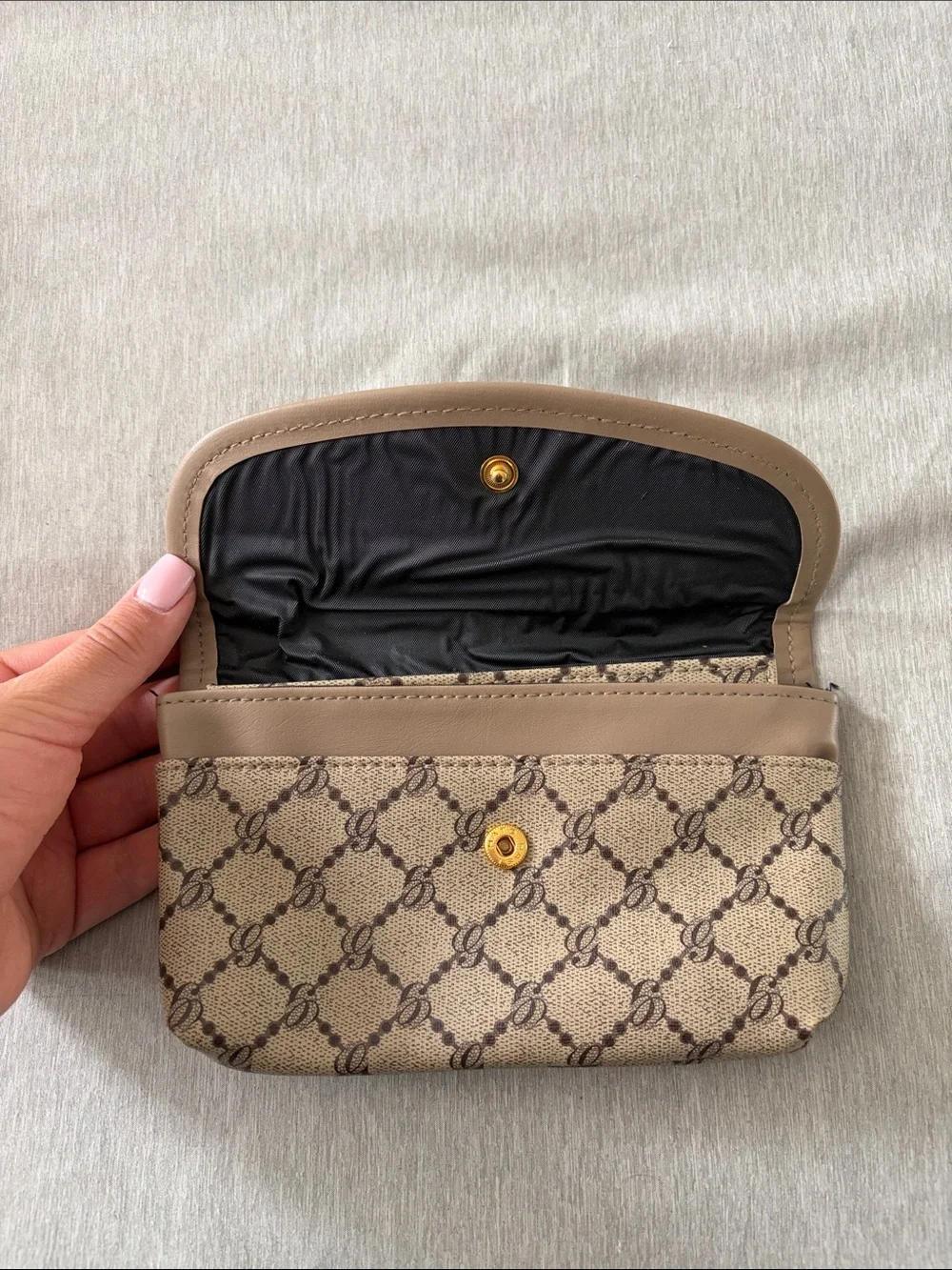 Beige Patterned Women's Clutch with Gold Accent